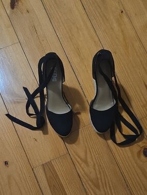 Brash Black Tie-Up Espadrille Wedges - Women Shoes